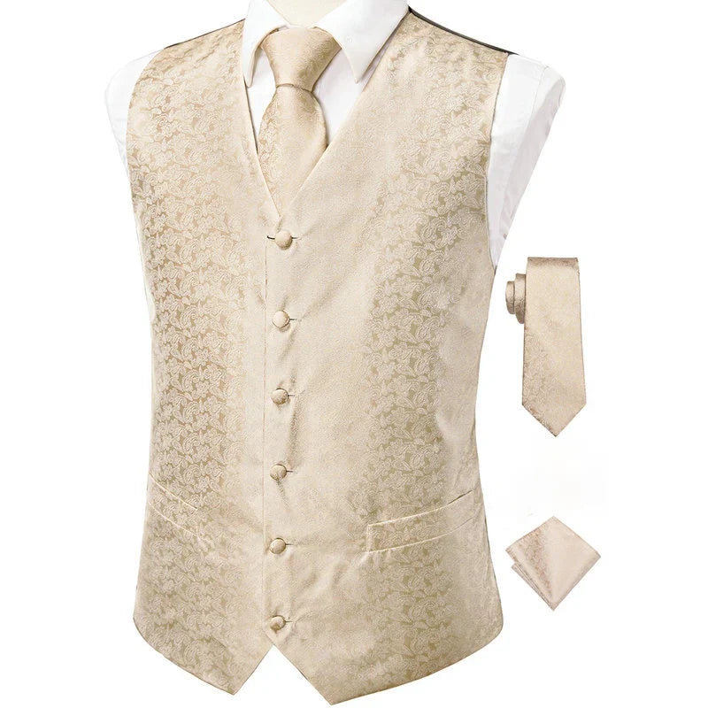Men's Double Breasted Jacquard Waistcoat Vest Tie Pocket Square Set – Ivory Paisley Wedding & Formal Suit