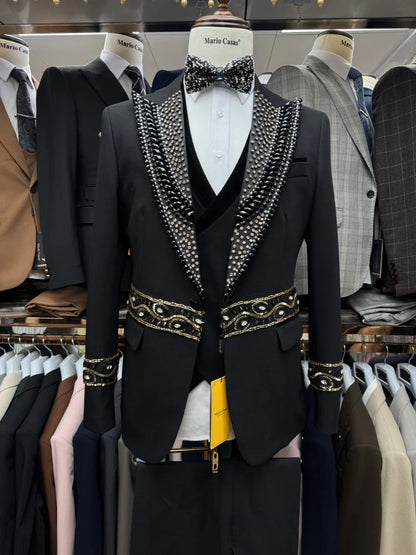Exquisite Heavy Beaded Men's Suits 3 Pieces Wedding Groom Set Dancing Wear High Quality Suit Jacket Man Banquet Prom Outfit