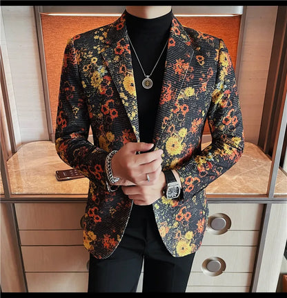 Luxury Art Jacquard Suit Jacket for Men Korean Version Business Casual Blazers Slim Fit Wedding Groom Social Dress Coats M-4XL