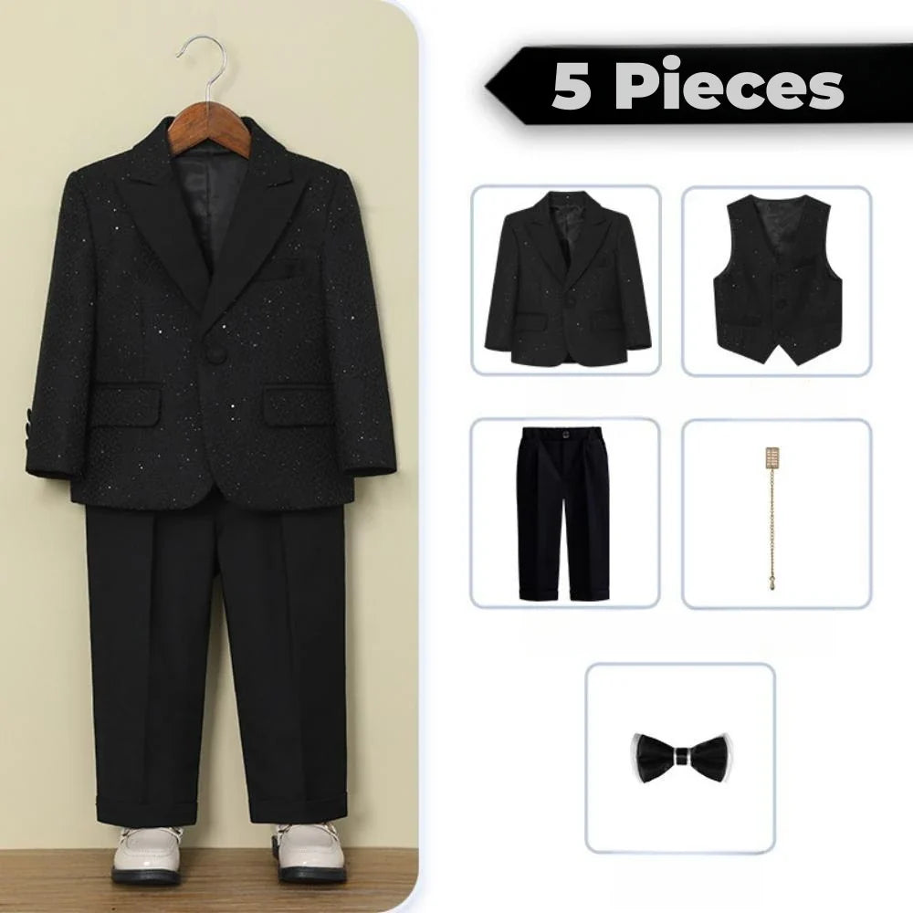 Glitter Exquisite Boys Suits 5 Pieces Stage Perfoemance Wear,Classic Smart Peak Lapel Suit Set Wedding Ring Bear Outfit In Stock