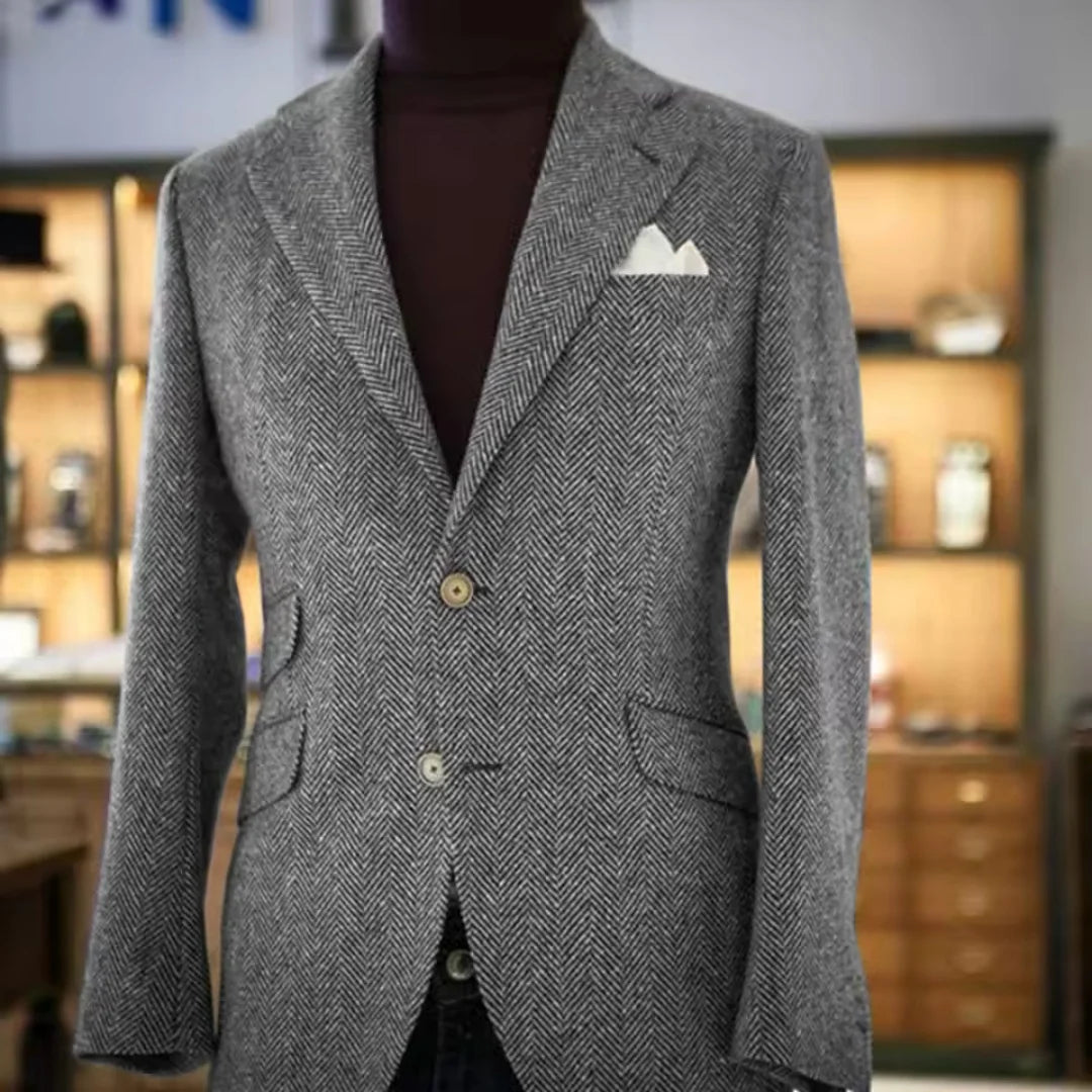 Blue Men's Herringbone Tweed Blazer Single Breasted Notch Lapel Prom Tuxedo Jacket Woolen Suit Daily Office Business One Coat