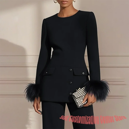 Black Woman Clothes Long-Sleeve Blazer with Feather Cuff Details and Matching Trousers Luxe Evening or Cocktail Suit Ensemble