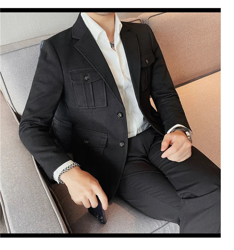 Winter Woolen Suit Jacket for Men Multiple Pockets Slim Fit Casual Business Blazers Masculino Wedding Streetwear Social Coats