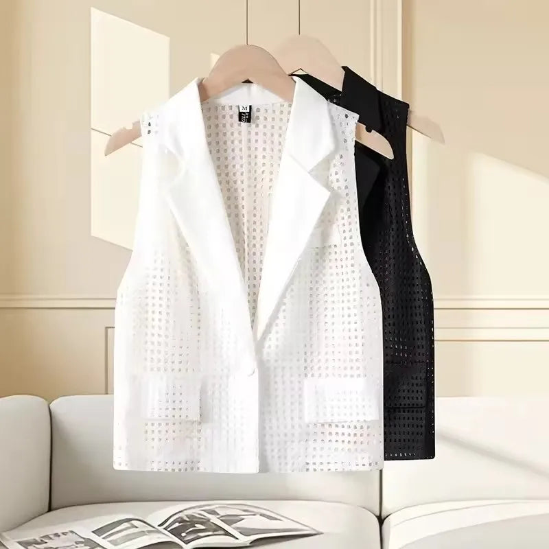 2026  Summer New Women's Openwork Coat Knitted Vest Cardigan Thin  Tops Female Fashion Loose Ladies Outwear Waistcoat Stitching