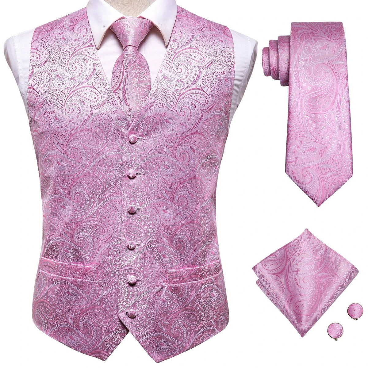 Men's Suit Vest 4-Piece Set | Woven Paisley Waistcoat with Tie, Pocket Square & Cufflinks | Wedding & Business Formal