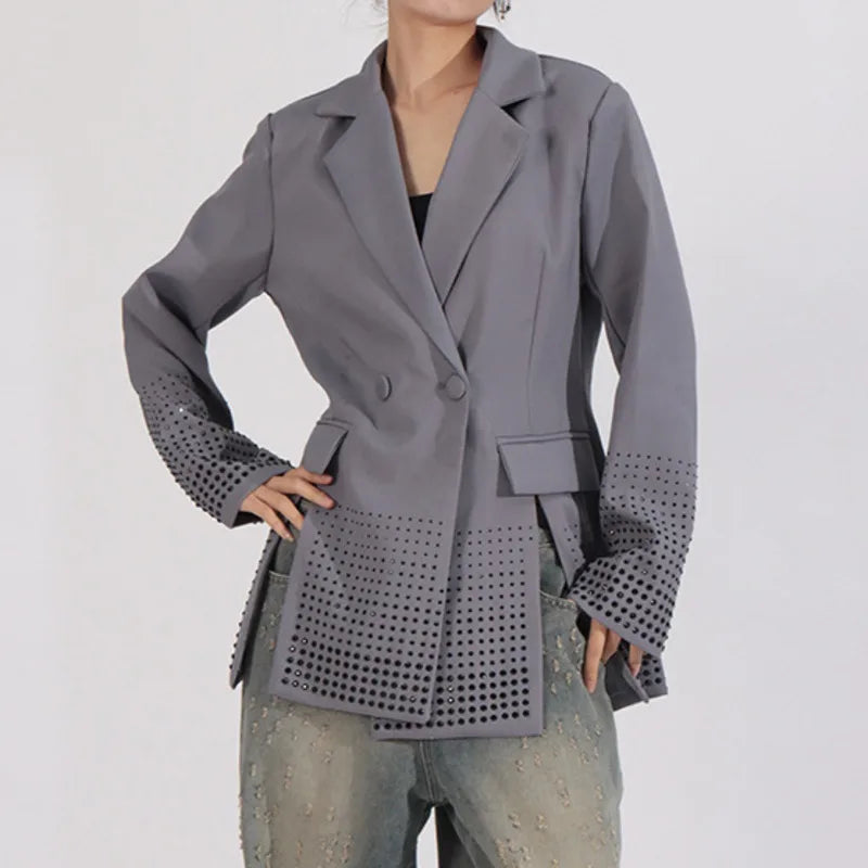 2026 Spring Autumn New Women's Blazer Notched Collar Double Breasted Split Studded Diamonds High-end Elegant Jacket HK18785