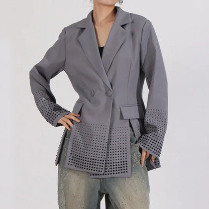 2026 Spring Autumn New Women's Blazer Notched Collar Double Breasted Split Studded Diamonds High-end Elegant Jacket HK18785