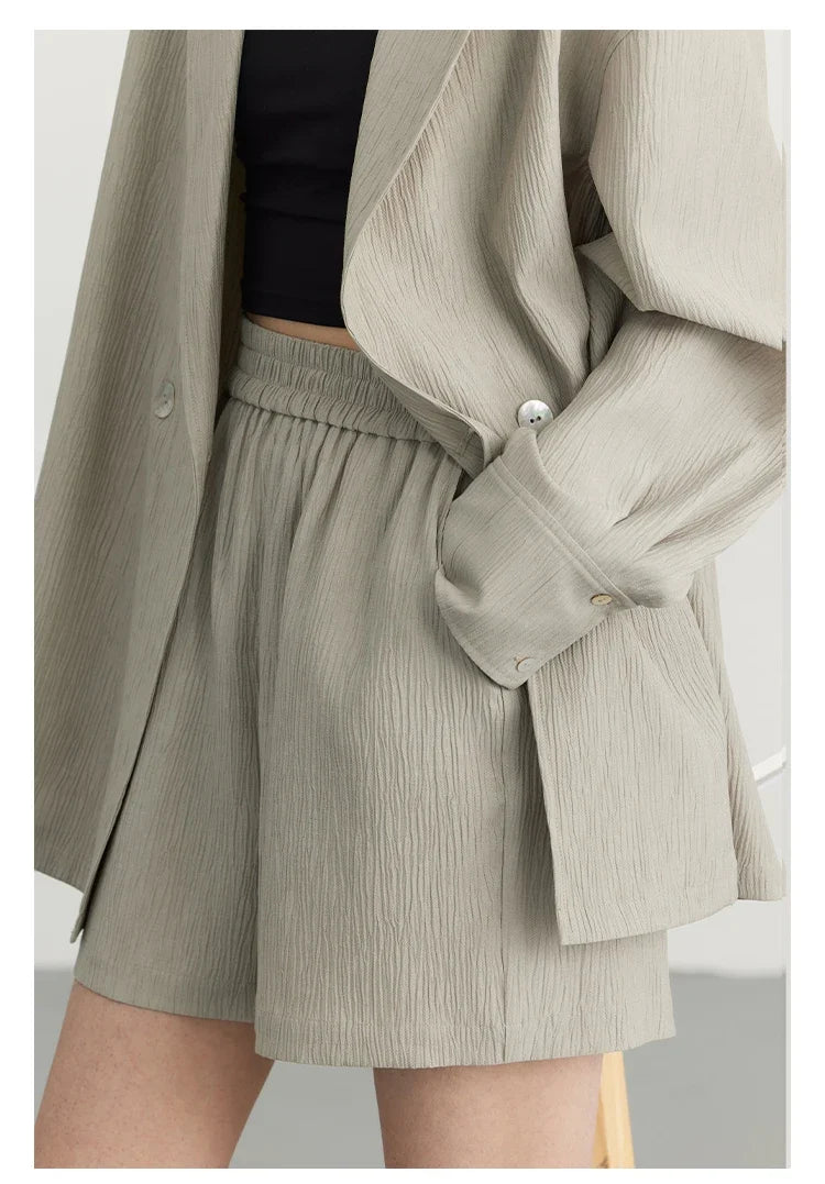 Women's Blazer Solid Casual Long Sleeve Jacket Texture Thin Suit Coat Shorts Office Lady Tops 2023 Summer New Fashion