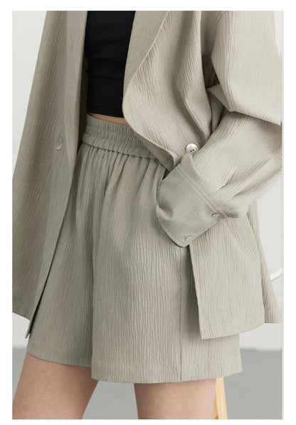 Women's Blazer Solid Casual Long Sleeve Jacket Texture Thin Suit Coat Shorts Office Lady Tops 2023 Summer New Fashion