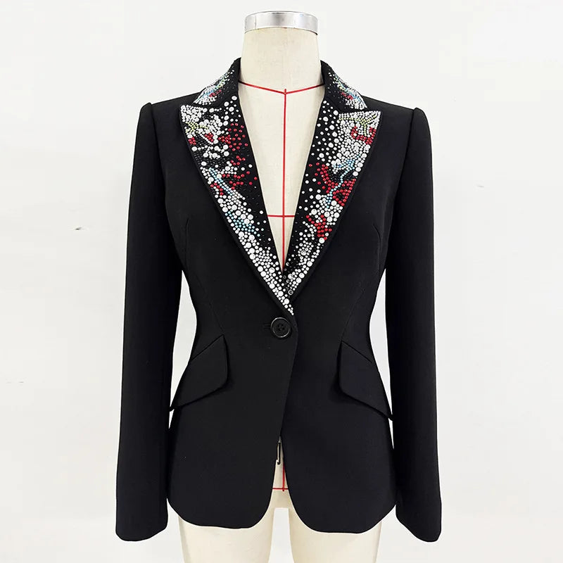 2026 Spring New Women Blazer Studded Colorful Diamonds Single Button Slim Fit Elegant Trend Office Lady Luxury Coat HK17503