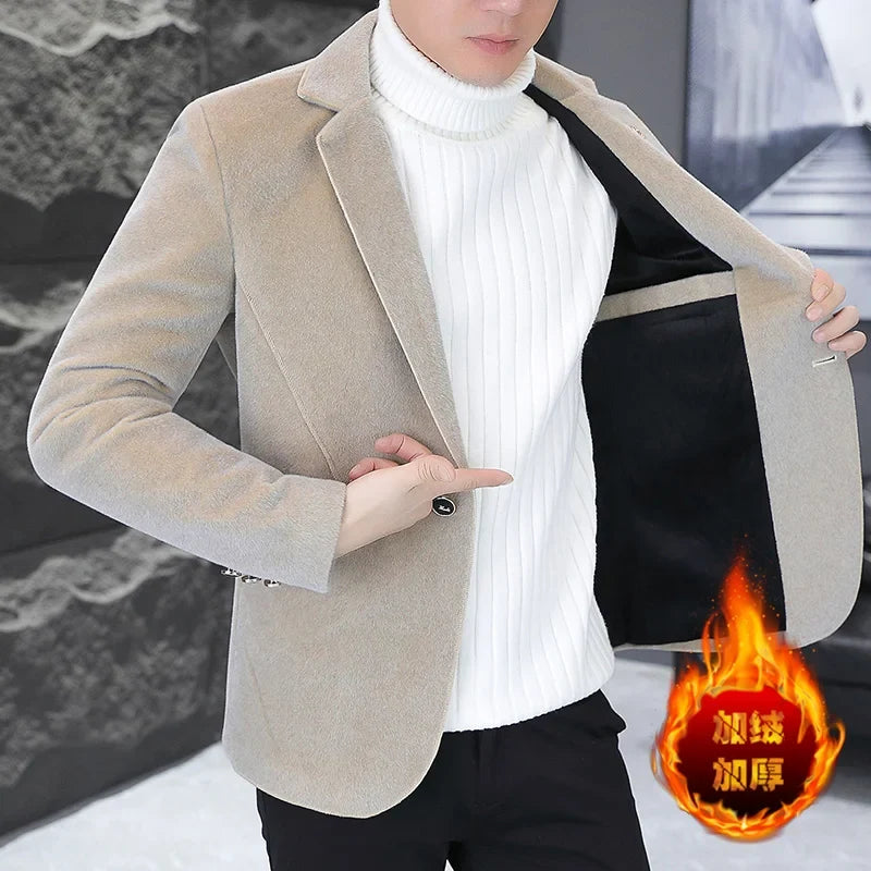 Blazer Autumn/Winter Golden Sable Velvet and Cotton Thickened Thermal Small Suit Fashion Business Men's Slim Blazer
