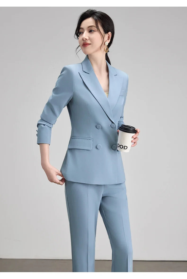 Elegant Chic Business Formal Blazer Suit Pants 2 Piece Matching Sets Women 2026 Autumn Office Lady Outfit Blue Work Wear