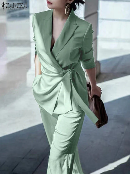 Spring 2pcs Office Women Matching Sets Solid Work OL Blazer Suits Fashion Long Sleeve Shirt Wide Leg Pant Sets Outfit 2026