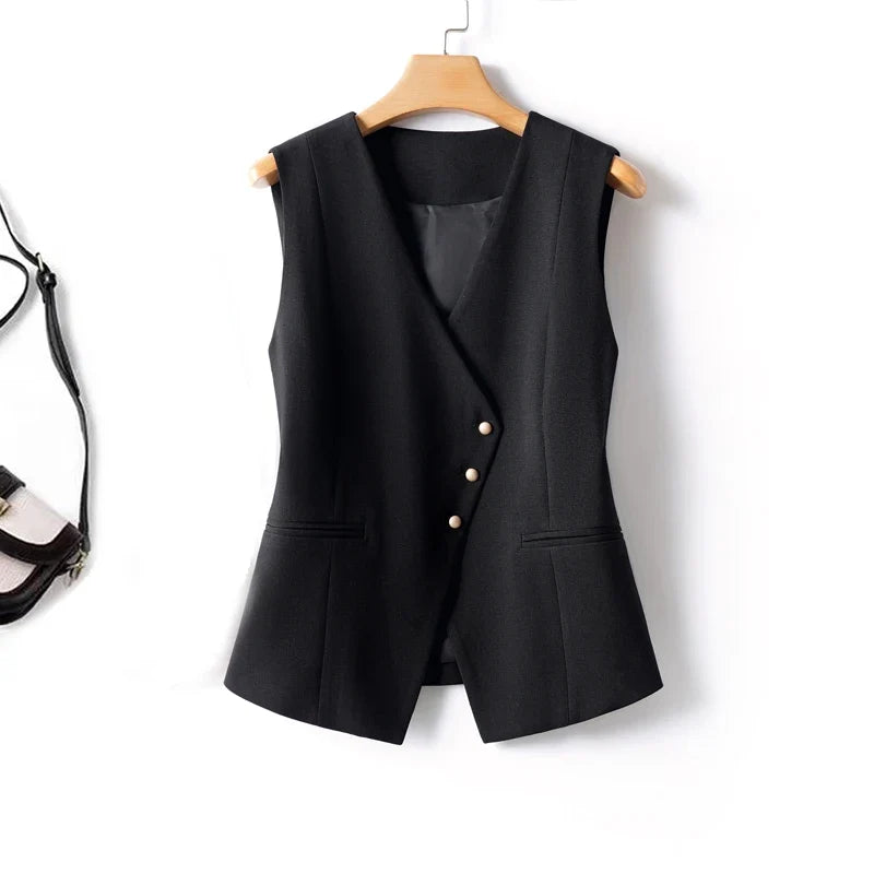 Short V-Neck Suit Vest for Women, Spring and Autumn Slant-Buttoned Top, Perfect for Office Wear and Versatile Vest