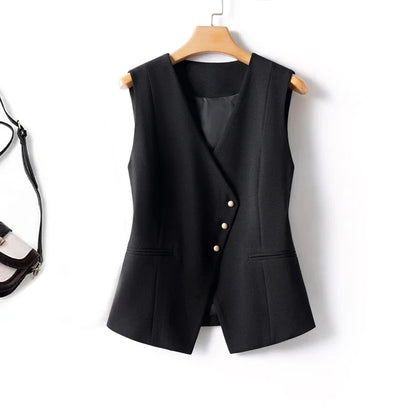 Short V-Neck Suit Vest for Women, Spring and Autumn Slant-Buttoned Top, Perfect for Office Wear and Versatile Vest