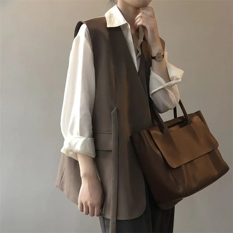Women V-Neck Suit Coats Casual Sleeveless Blazer Korean Style Oversize Work Vests 2025 Spring Elegant Solid OL Blazer