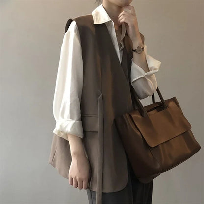 Women V-Neck Suit Coats Casual Sleeveless Blazer Korean Style Oversize Work Vests 2025 Spring Elegant Solid OL Blazer