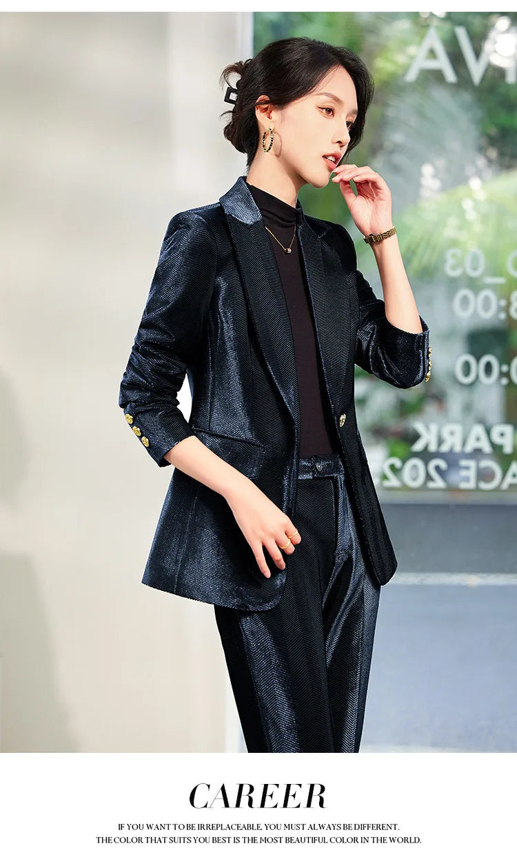 Pleuche Two Piece Sets Womens Outifits 2024 New Fashion Slim Elegant Long Sleeve Blazer Office Lady Flare Pants Suits