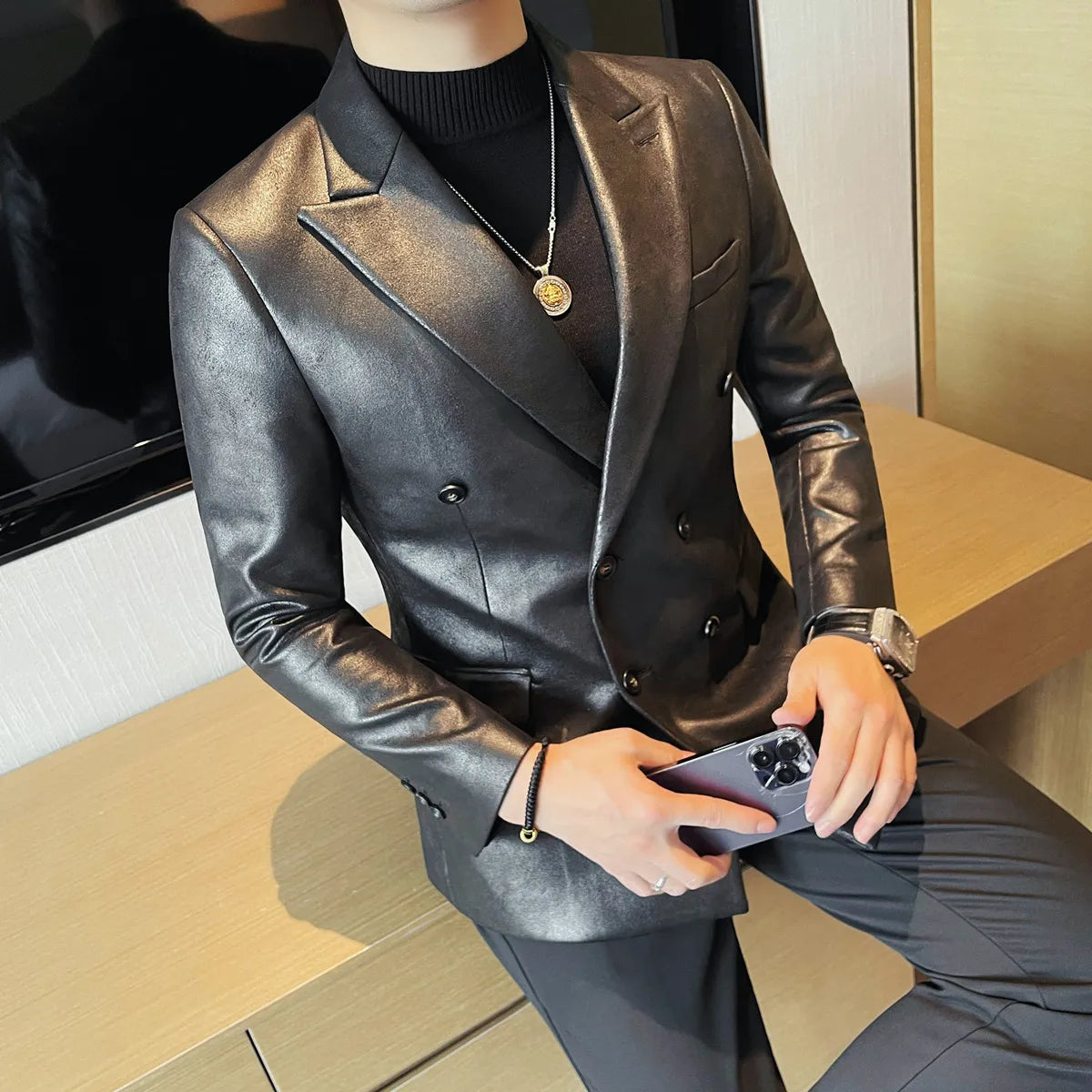 Brand Retro Leather Suit Jacket Men British Style Double Breasted Casual Business Blazers Wedding Groom Party Banquet Jackets