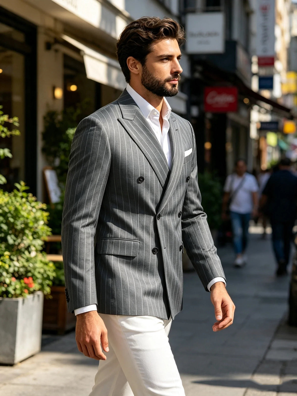 Men Striped Double Breasted Suit Jacket Notch Lapel Business Slim Fit Formal Blazer Elegant Lightweight Dress Coat For Prom Work