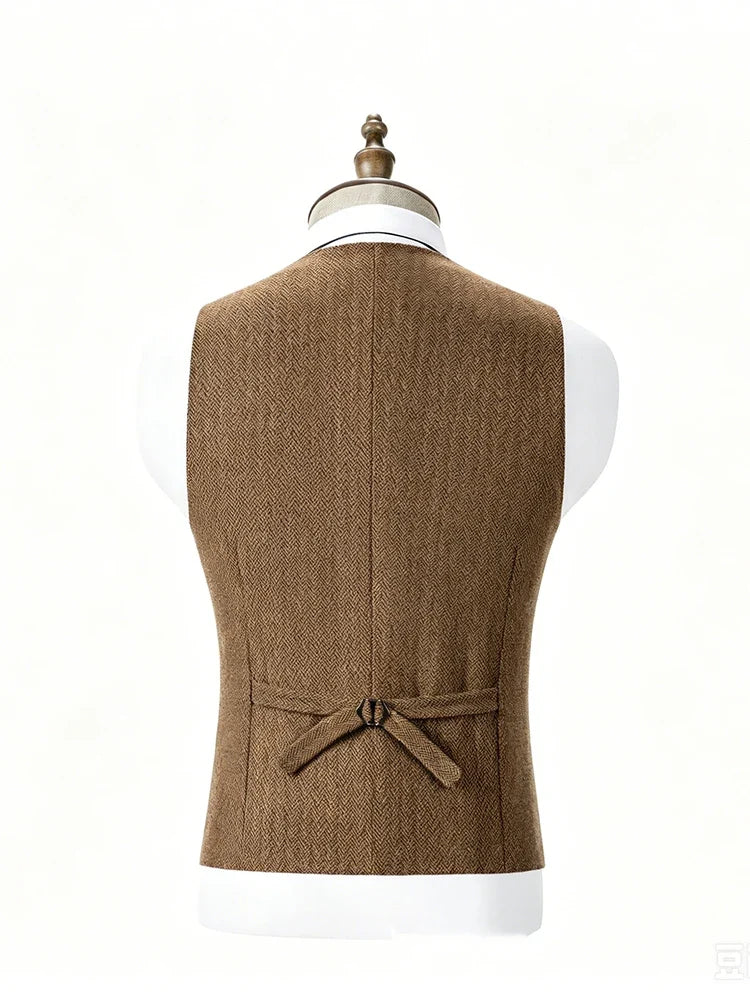 Men's Herringbone Vest – Double Breasted V-Neck Waistcoat for Weddings & Formal Occasions
