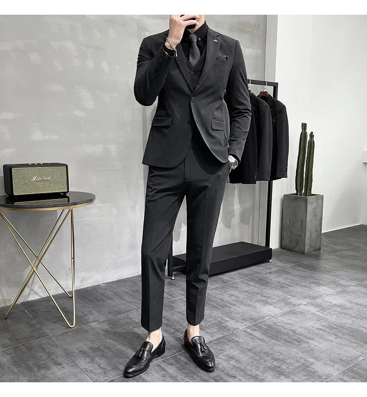 Plus Size S-7XL Man Korean Slim Fit Custom Groom Business Casual Tuxedo Blazers Vest Pant Casual Wedding Social Tuxedo Dress