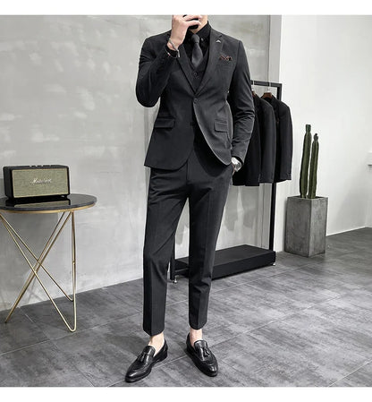 Plus Size S-7XL Man Korean Slim Fit Custom Groom Business Casual Tuxedo Blazers Vest Pant Casual Wedding Social Tuxedo Dress