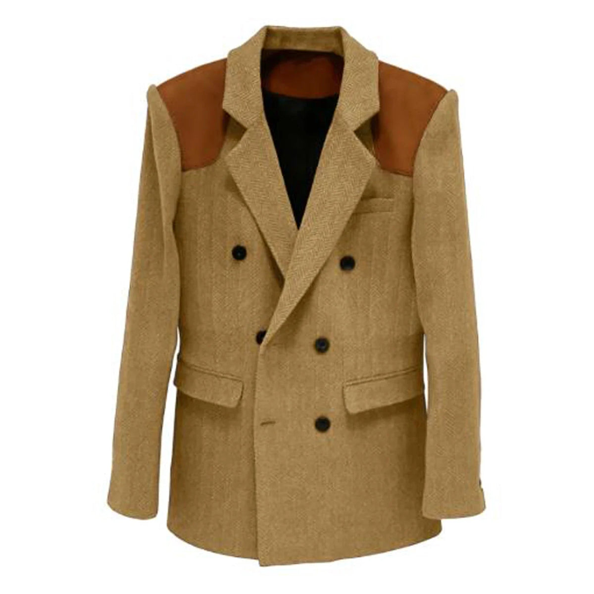 Men's Vintage Herringbone Blazer Contrast Shoulder Patches Double Breasted Wool Blend Suit Jacket Slim Fit Casual Business Coat