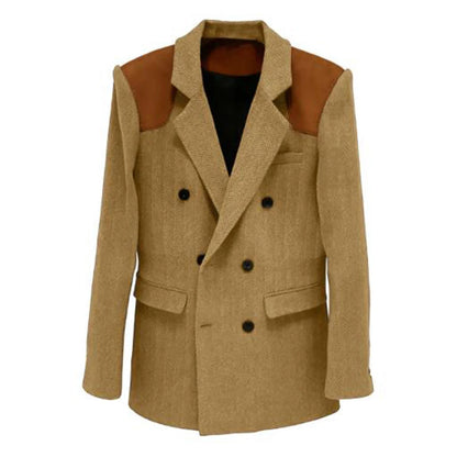 Men's Vintage Herringbone Blazer Contrast Shoulder Patches Double Breasted Wool Blend Suit Jacket Slim Fit Casual Business Coat