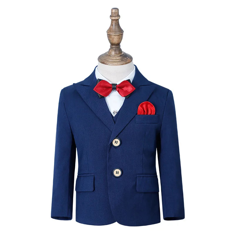 Boys Pure Pink Jacket Vest Pants Bowtie+Pocket Cloth 5pcs Wedding Birthday Outfit Kids Formal Piano Host Performance Costume