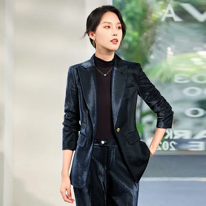 Pleuche Two Piece Sets Womens Outifits 2024 New Fashion Slim Elegant Long Sleeve Blazer Office Lady Flare Pants Suits