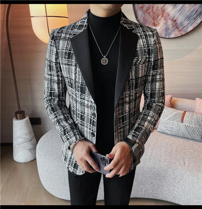 British Style Woven Suit Jacket Men Fashion Plaid Casual Business Blazer Gentleman Versatile Banquet Party Groom Wedding Coats