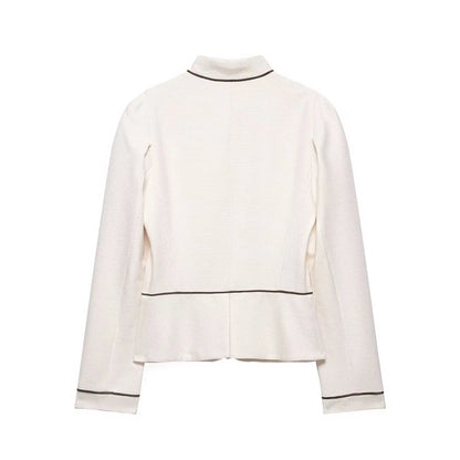 2026 Women Spring Elegant Single Breasted Stand Collar Long Sleeves Short Coat Woman Fashion Casual Beige Tweed Blazer Jacket
