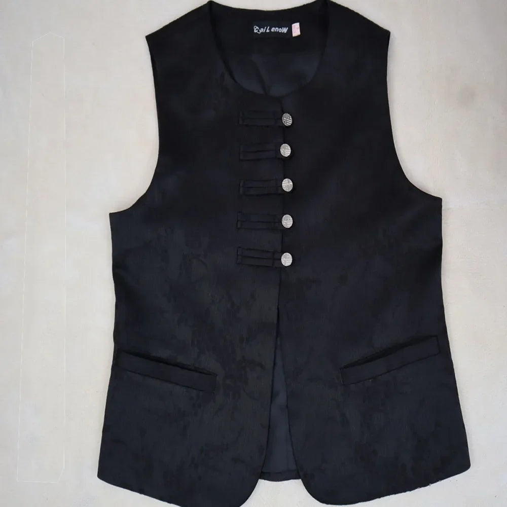 New Chinese Style Buckle Vest Coat For Women New Spring Autumn O-Neck Embroidery Sleeveless Jacket Fashion Jacquard Waistcoat