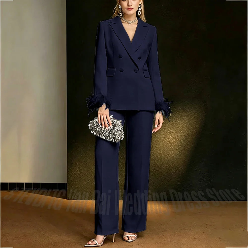 Luxury White Feather Women's Suit Elegant Classic Double Breasted Jacket Pants Formal Evening Party Wedding Guest Outfit