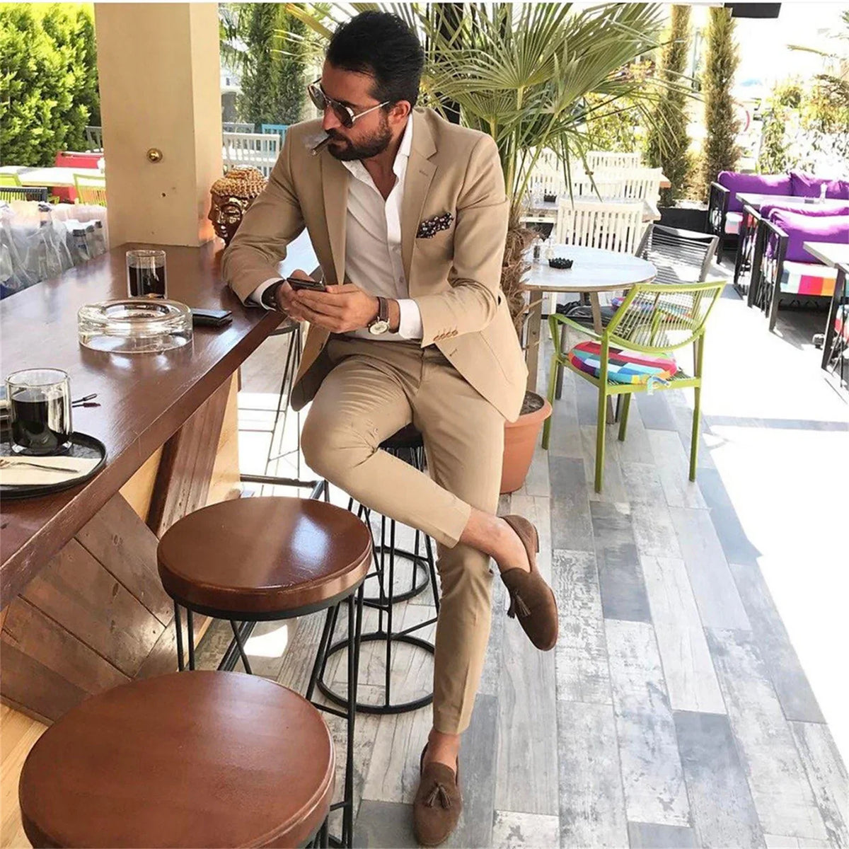 Men's 2023 Champagne Slim Fit Suit Notched Lapel 2 Piece Business Wedding Blazer And Pants Custom Made Costume Homme