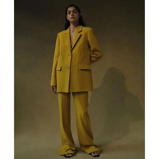 Ginger Yellow Single Breasted Women Pants Set High-end Female Two Pieces(Jacket+Trousers)أطقم بناطيل