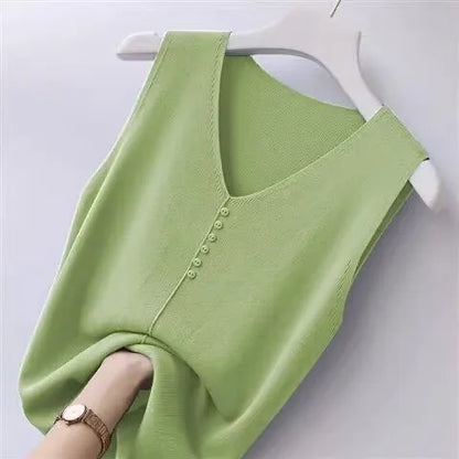 Summer Women's Tank Top Silk V-neck Wide Shoulder Strap Color Knitted Shirt Sleeveless Top Student Ice Silk Vest