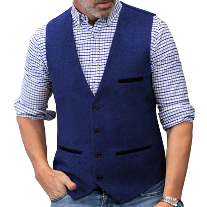 Men's Herringbone Tweed Vest Single Button V-Neck Waistcoat for Weddings and Formal Occasions
