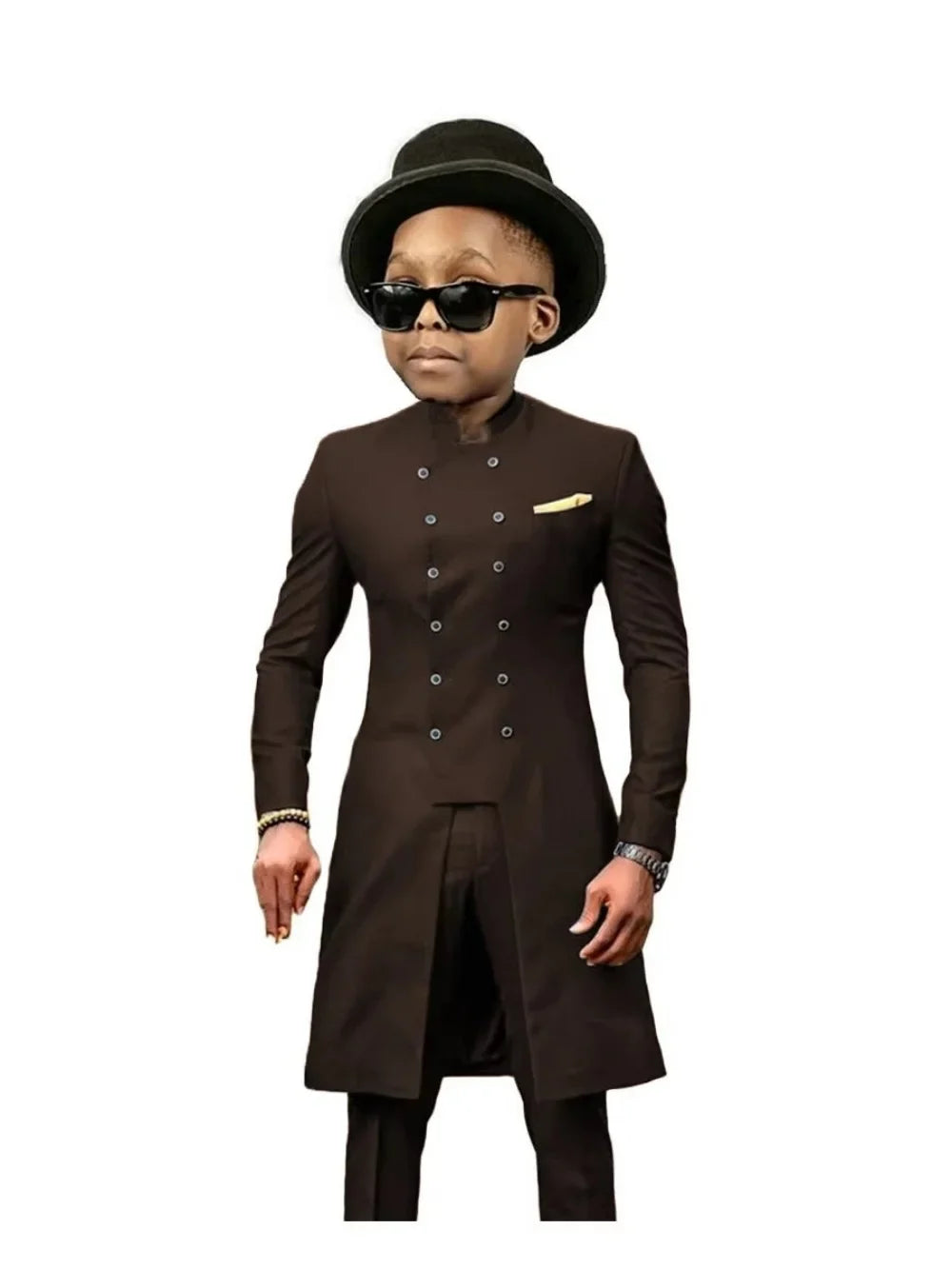 African Stand Collar Kids Long Suit Set 2 Pieces Wedding Guest Outfit Double Breasted Boys Formal Tuxedo Birthday Party Wear