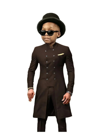 African Stand Collar Kids Long Suit Set 2 Pieces Wedding Guest Outfit Double Breasted Boys Formal Tuxedo Birthday Party Wear