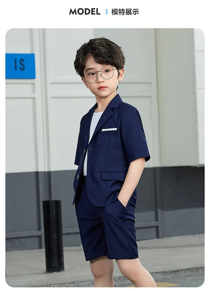 Boys Summer Solid Short Sleeve Suit Jacket Short Formal Dress Kids Wedding Blazer Child Photography Suit Toddler Tuxedo Costume