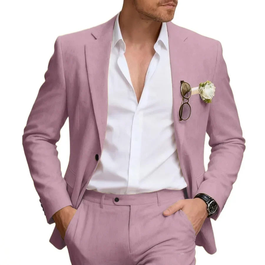 Linen Suits for Men Retro Casual Slim Fit Suit Beach Prom Dress Tux 2 Pieces Set Wedding Groomsmen One-Button Jacket Blazer Pant