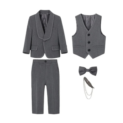 Children's Beige Blazer Set Kids Formal Wedding Birthday Party Suit Set Boys Jacket Vest Pants Bowtie Brooch 5Pieces Clothes Set