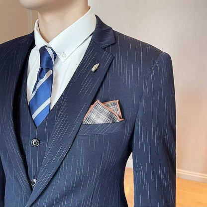 Men's 3-Piece Striped Suit – Slim Fit Blazer, Vest & Pants for Formal, Business & Wedding Occasions