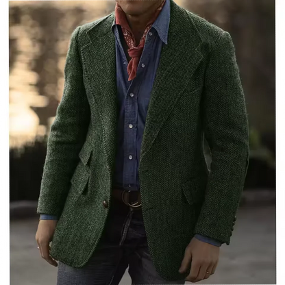 Men's Herringbone Tweed Blazer – Wool Blend, Classic British Style, Business & Wedding