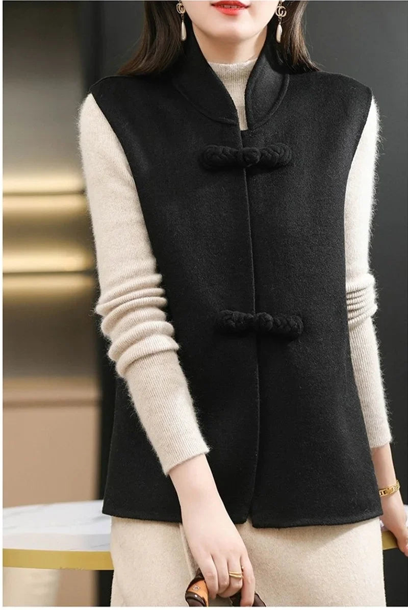 Woolen Vest Women's Standing Neck Button Chinese Style Loose Versatile Thin Wool Vest Outerwear Coat Sleeveless Jacket For Women