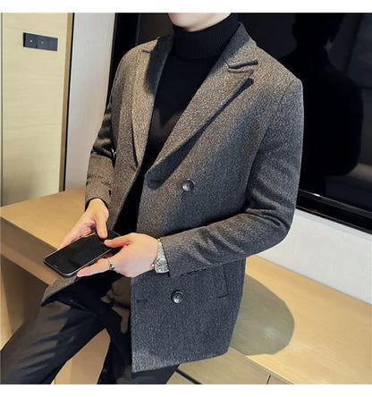 British Style Autumn Winter Thick Double Breasted Woolen Coats High Quality Men Business Casual Warm Suit Jackets Men Clothing