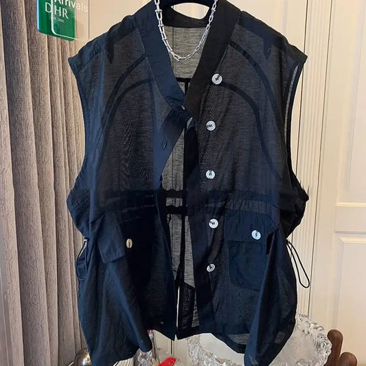 Summer Mid-Length Thin Vest Women Solid Casual V Neck Sleeveless Jackets 2025 Korean Loose Waistcoat Female Outwear