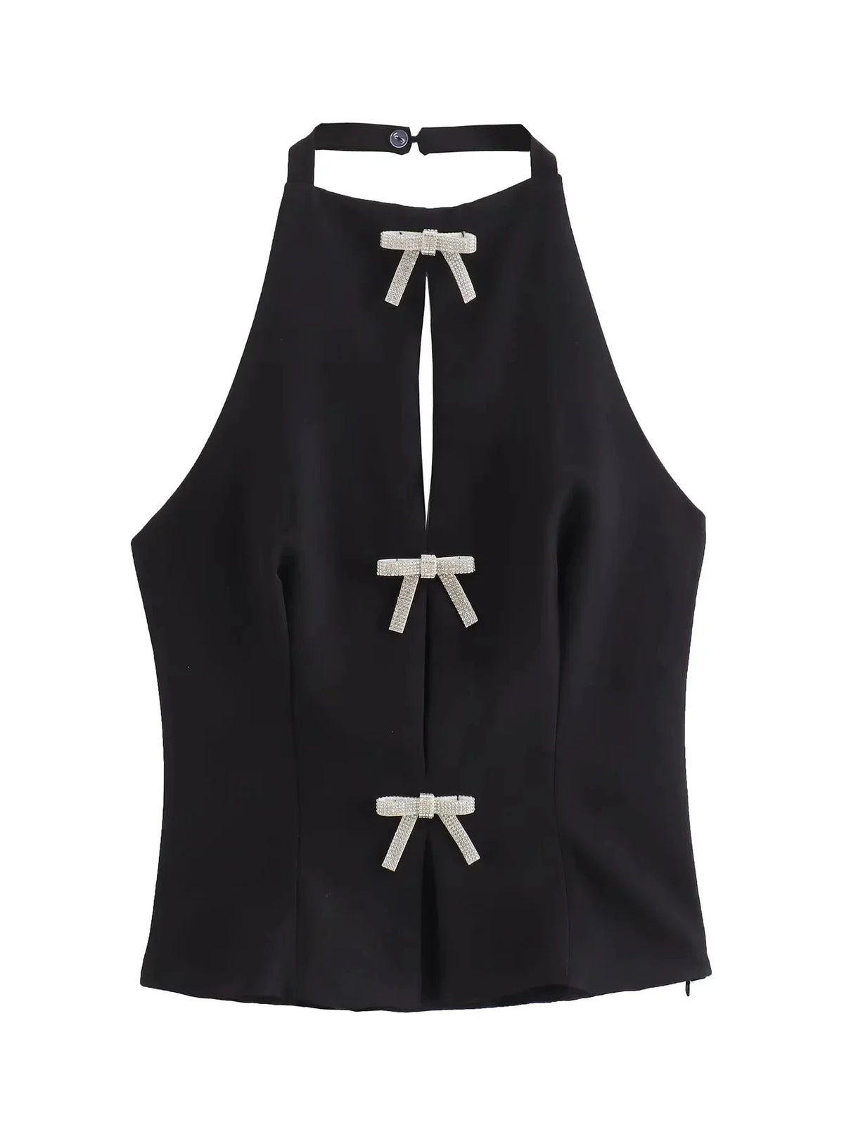 Rhinestone Bow Halter Top Women Off Shoulder White Crop Top Woman Party Backless Sexy Tops Summer Cut Out Short Black Top